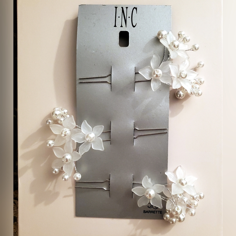 INC 3 piece opaque flower & imitation pearl Bobby pin set NWT